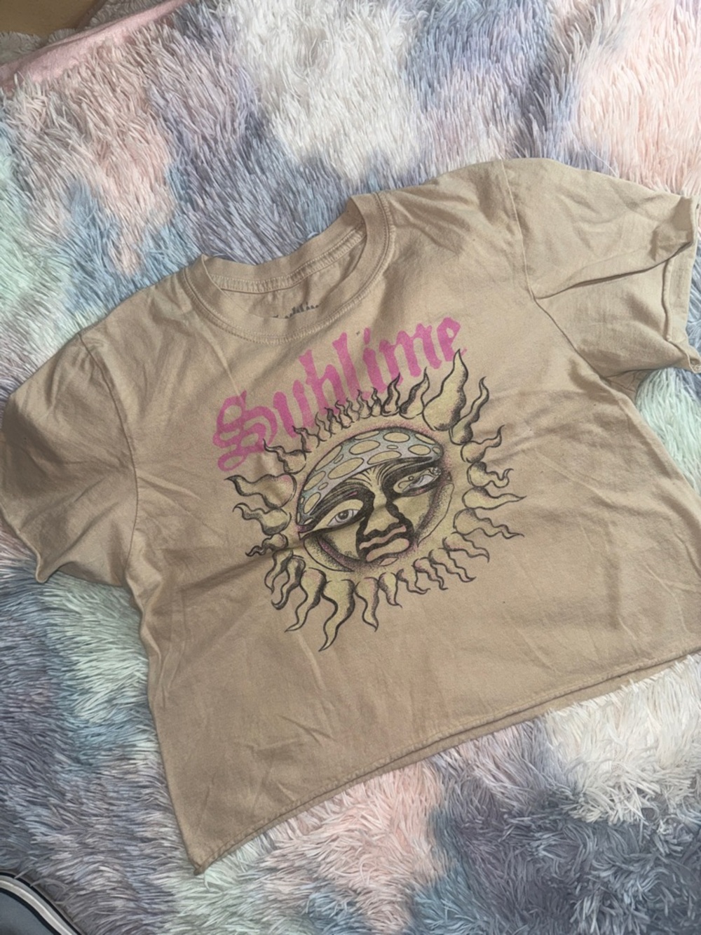 Sublime Graphic Crop Tee in Taupe with Pink Logo tan